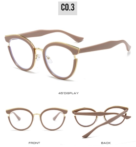 Cat eye glasses frame with nude resin front and golden metal temples from multiple angles