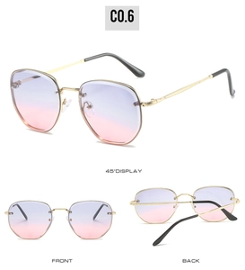 Detail view of stylish retro hexagonal sunglasses with gradient blue to pink lenses
