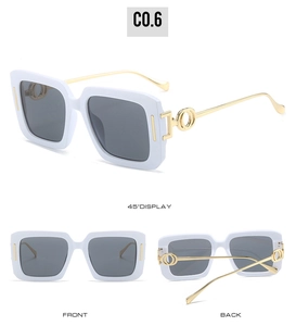Detailed views of white square sunglasses with gold metal temples and grey lenses