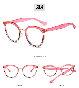 Three-view detail of pink cat-eye glasses frame with metal bridge and tortoise lower rim