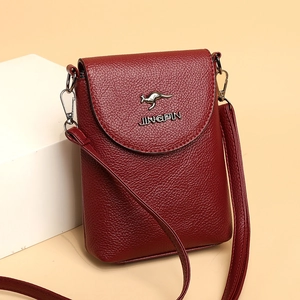 Minimalist burgundy cell phone crossbody bag with litchi texture and metal logo