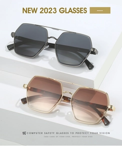 Detail of square metal frame sunglasses with double bridge and gradient lenses