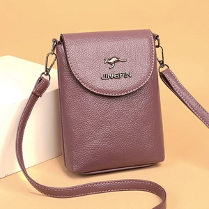Dusty pink multi-layer crossbody phone bag with kangaroo logo and adjustable strap