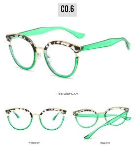Detail of cat eye glasses frame with green finish, leopard pattern and gold metal bridge