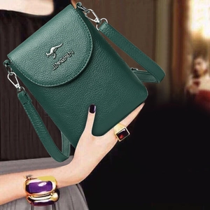Dark green lychee texture leather crossbody phone bag with silver kangaroo logo plaque