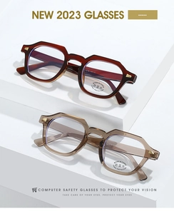 Detail of irregular geometric frame eyewear with UV400 and anti-blue light protection