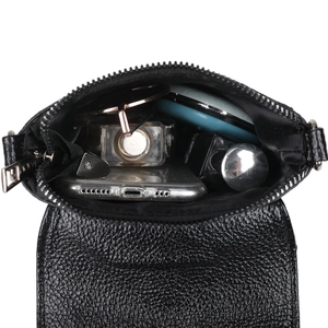 Litchi pattern leather shoulder bag showing interior space for phone and makeup