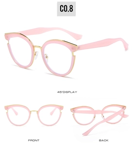 Detailed multi-angle views of pink cat-eye glasses with gold metal accents