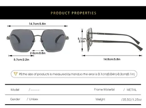 Detailed sizing guide showing frame width and lens height for metal square sunglasses