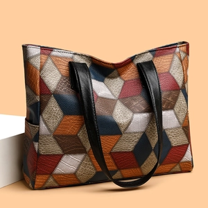 Borsa Tote Grande Pelle PU Patchwork Geometrico Multicolore Retro Casual Lavoro Borsa A Spalla Per Donne
