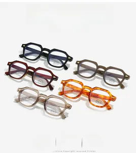 Irregular full-frame blue light blocking glasses in black, amber, and clear finishes