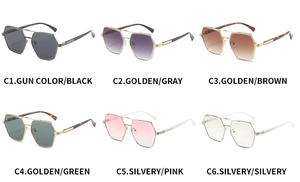 Matrix showing six color variations of square metal frame sunglasses with rimless cut edges