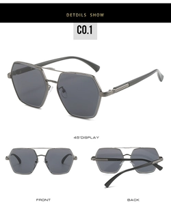 Close-up of geometric gunmetal frames with double bridge and engraved textured temples