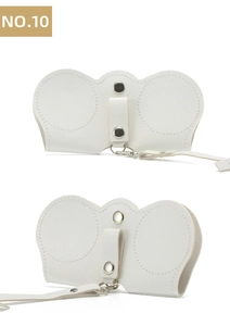 Detail of white PU leather sunglasses pouch with metal snap button and carry strap
