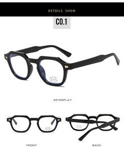 Detailed view of irregular geometric black frames with anti-blue light protection lenses