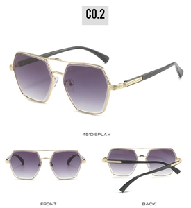 Three angles of square metal sunglasses with purple gradient lenses and gold frames