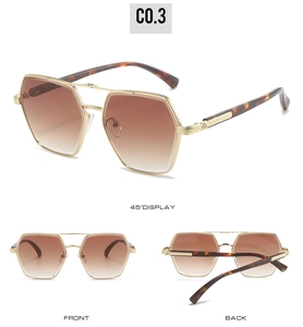 Detailed views of square metal sunglasses with double bridge and gradient lenses