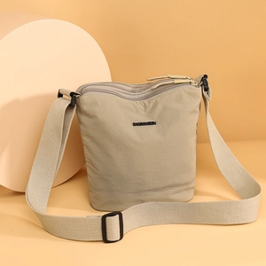 Light khaki nylon bucket bag with large capacity and multi-layer zipper compartments
