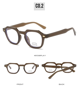 Detail view of brown irregular frame glasses with anti-blue light UV400 protection lenses