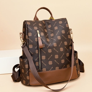 Retro Fashion Backpack Women PU Leather Large Capacity Vintage Print Waterproof Travel Shoulder Bag Multi Functional