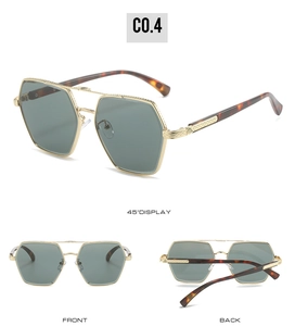 Three-view display of hex gold sunglasses with green lenses and braided metal texture