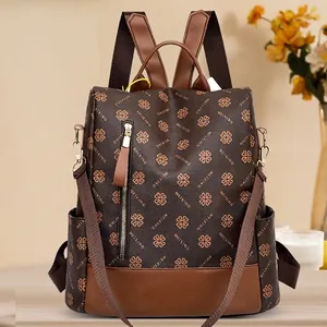 Retro multi-functional large capacity backpack with vintage floral pattern in dark brown