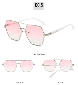 Detail view of pink gradient lenses and textured silver metal frames with white temples