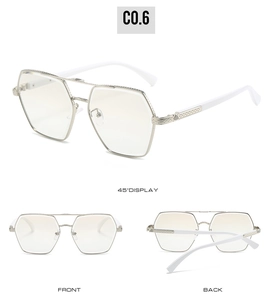Detailed views of gold polygonal metal frame sunglasses with white acetate temples