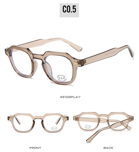Brown transparent glasses frames showing front back and 45 degree display angles