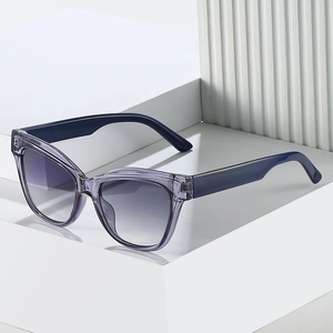 Occhiali da sole cat-eye moderni con montatura viola e stanghette blu scuro su gradini bianchi