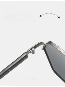 Detail of durable textured metal hinge on square frame sunglasses with screw design