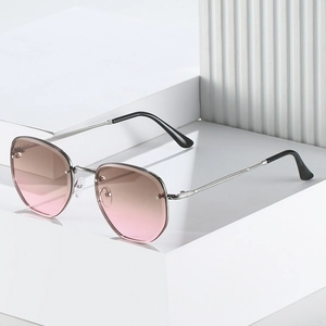 Chic rimless polygon sunglasses with pink gradient lenses and slim silver metal frames