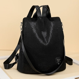 Waterproof black oxford backpack with sequin panel and anti-theft design for women