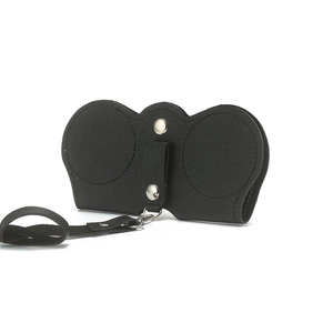 Matte black leather sunglasses case with silver snap buttons and a hanging hand strap