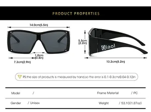 Detailed size chart for Y2K oversized sunglasses with PC frame and rivet accents