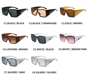 Collage of Y2K oversized sunglasses in eight different colors with rivet details