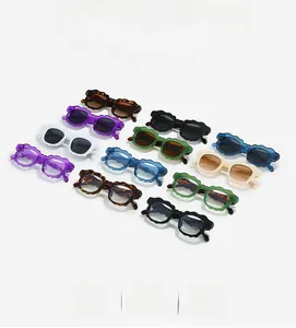 Detail showing wave-patterned sunglasses in various colors like purple, black, and tortoise