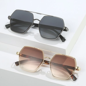 Modern square frame sunglasses with double bridge metal design and geometric lenses