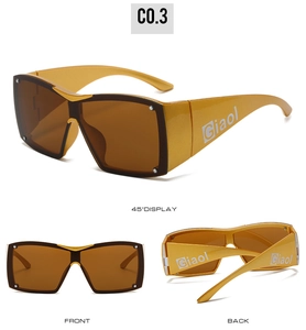 Three-way view of Y2K shield sunglasses in orange gold frame and brown lenses