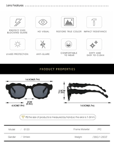 Detailed size chart of wave-frame sunglasses showing frame measurements and PC material specs