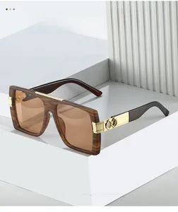 Detailed view of brown wood grain frame sunglasses with gold chain link temple accents