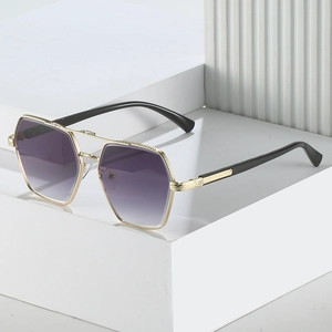Retro square frame sunglasses with purple gradient lenses and gold metal double bridge