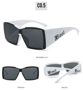 Three views of Y2K wraparound sunglasses featuring black frames and white temples with rivets