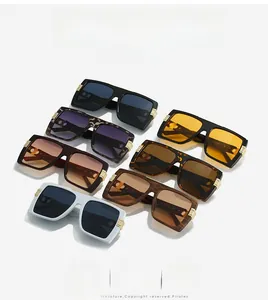 Detail view of square sunglasses collection with chic metallic accents in various colors