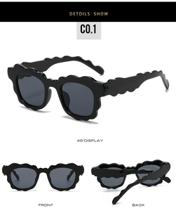 Detailed views of black wave-frame women's sunglasses from front and 45-degree angles