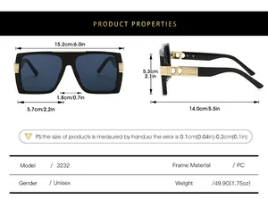 Detailed size chart and technical specifications for square frame sunglasses model 3232