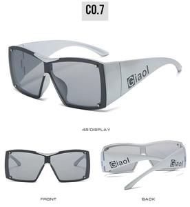 Oversized Y2K shield sunglasses with rivets shown from front, back, and side angles