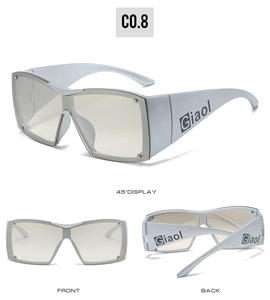 Detailed views of silver Y2K oversized sunglasses with studded frames and Giaol logo