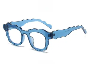 Detail view of wavy blue translucent sunglasses frames showing side arm curve and design