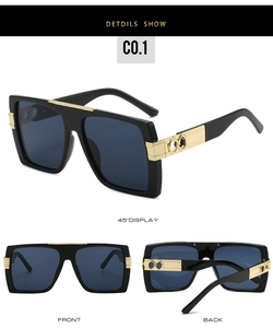 Detail shots of black square sunglasses featuring infinity metal accents and blue lenses
